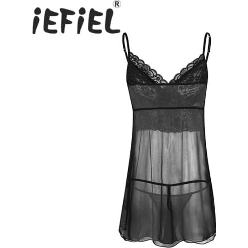 IEFiEL Sexy Male Sleeveless Mens Lingerie Mesh Mini Lace Dress with G-string Nightwear Sleepwear Set Sissy String Underwear
