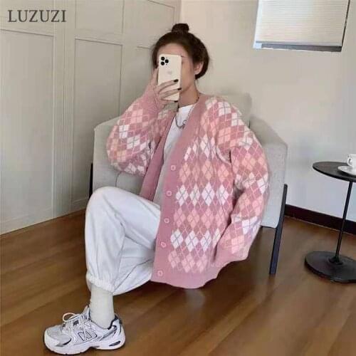 LUZUZI Pink Cardigans Female Long Sleeve Knitted Argyle Sweaters Korean Fashion Oversized Sweater Women Jumpers Cardigan Jacket