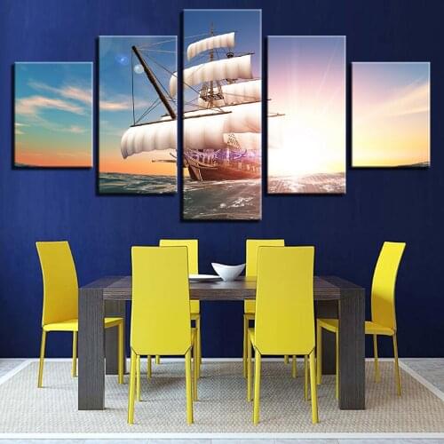 Beauty Sailboat At Sea Creative Five Pieces Canvas Printings Painting Home Wall Decor Framed Modern Space Art For Living Room