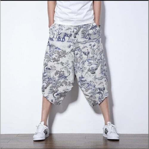 M-5xl 2020 Chinese Style Mens New Low-rise Loose Bloomers Pants Plus Size Casual Board Short Floral Print Cross Crotch Pants