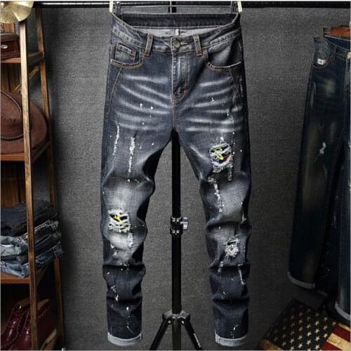 Mens Large Size Fit Paint Splash Hole-Patch Style Micro Shot Casual Fashion Straight Bottom Middle-Waist Denim Trousers
