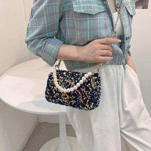 New Small Shoulder Bag Fashion Sequined Small Flap Underarm Hand Bag Pearl Crossbody Bags For Women Shoulder Bags