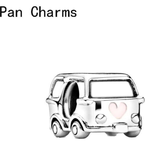 New Original 925 Silver Color Bus Car Dangle Charm Pink Enamel Heart Beads Fit Pandora Bracelet Bangle DIY Women Jewelry 2021