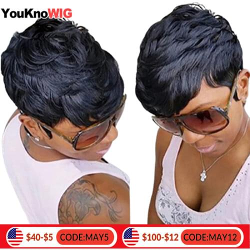 Short Pixie Cut Wavy Wigs Non Lace Front Human Hair Wigs With Bangs For Black Women Glueless Full Machine Made Remy Brazilian