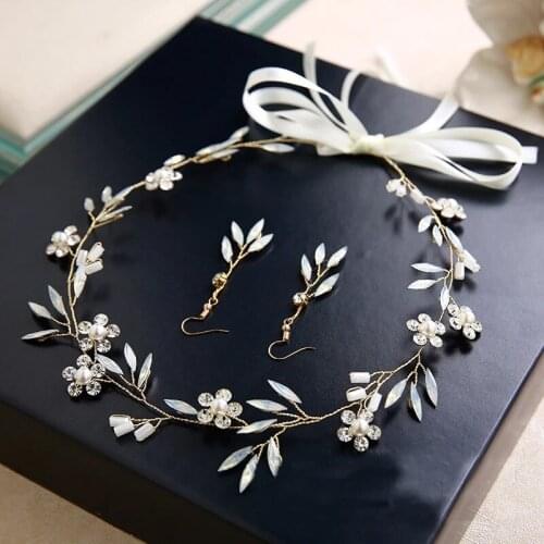 Romantic Opal Crystal Flower Leaf Headbands & Earrings Sets for Women Bridal Wedding Engagement Party Jewelry Hair Accessories