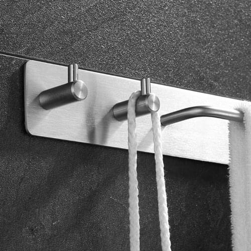 Self-Adhesive Brushed Finish Stainless Steel Towel Bar Rack Holder with Hooks