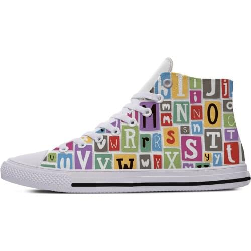 Language Colorful letters alphabet retro Novelty Design Lightweight High Top Canvas Shoes Men Women Casual Breathable Sneakers