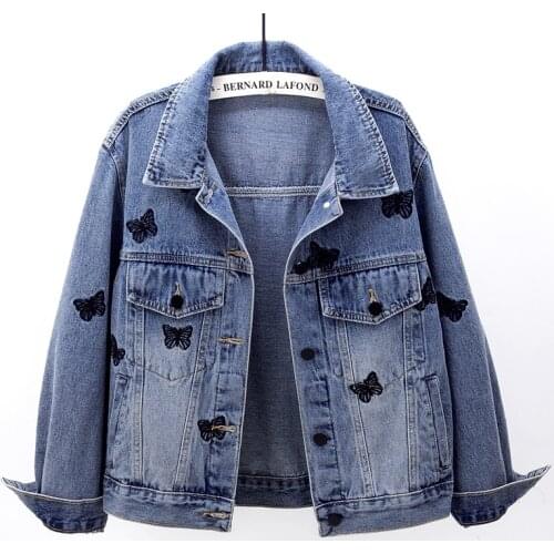 Korean Butterfly Embroidery Denim Jacket Coat Women Student Outerwear Vintage Blue Slim Long sleeve Short Jeans Jackets Female