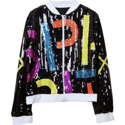 PERHAPS U Women Black Blue Gold Multicolor Letter Sequined Utwear Bomber Jacket Zipper Long Sleeve Casual Baseball Uniform C0369