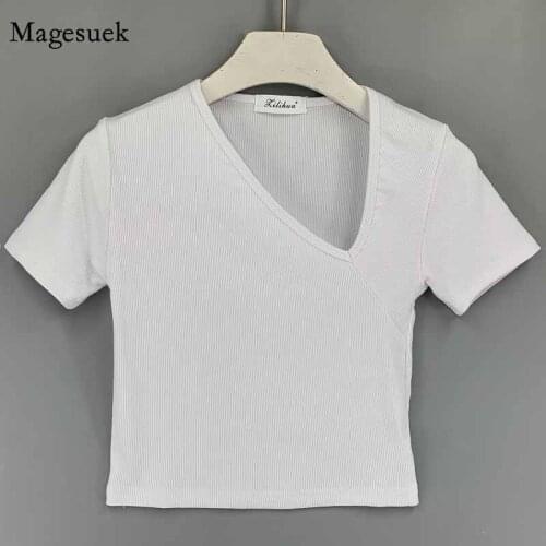 Chic V-shaped Asymmetry Skew Collar Short Sleeve Tight White Blouse Women Korean Style Bodycon Sexy Tops Pullover T-shirts 12180