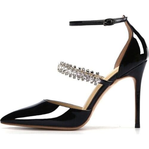 Women Sexy Patent Leather Narrow Band Crystal Bridal Wedding Pumps Rhinestone Buckle Strap High Heel Party Pointed Toe Shoes