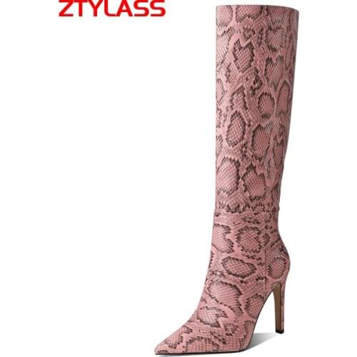 2021 Snake Print Women Boots Pu Leather Knee High Boots Sexy High Heel Long Boots Slip On Autumn Winter Shoes Big Size 42 43