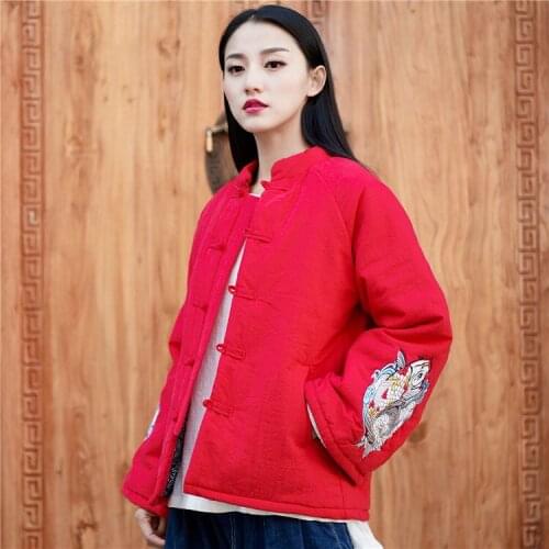 Women Cotton Linen Retro Embroidered Pattern Padded Coat Outwear Ladies Vintage Embroidery Single Breasted Stand Collar Overcoat