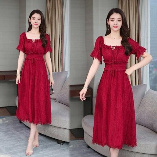 Mujer Vestidos 2020 Summer New Womens Word Collar High Waist Retro Dress Women Red Temperament Long Chiffon Dresses Female Z924