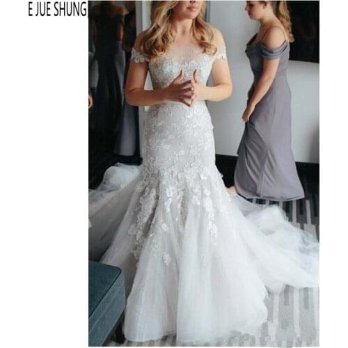 E JUE SHUNG White Boat Neck Wedding Dresses For Women Off Shoulder Lace Appliques Tulle Mermaid Bridal Dresses robe de mariee