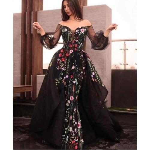 Elegant mermaid evening gown suknie wieczorowe sex black tulle embroidery lace vestidos elegantes long evening dresses XD-162