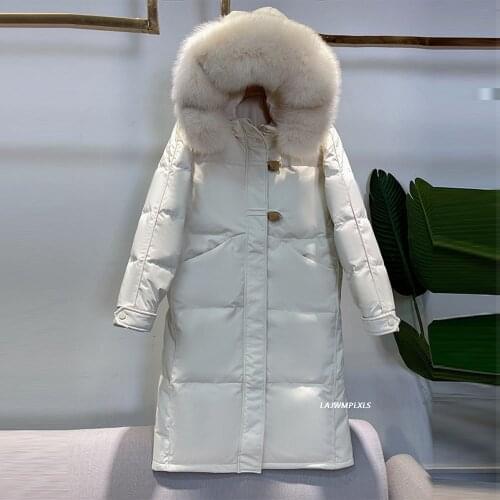 Winter Women 2021 New 90% White Duck Down Jacket Long Thick Warm Snow Overcoat Large Real Fox Fur Collar Hooded Coat