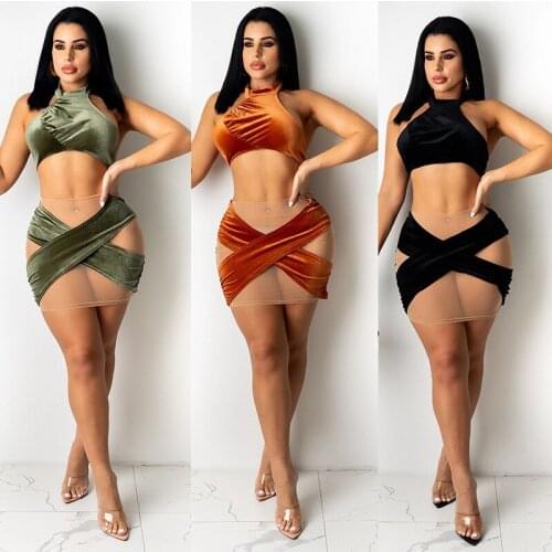 ZKYZWX Sexy Mesh Sheer Velvet Two Piece Set Halter Crop Top Bodycon Mini Dress Summer Vacation Outfits Night Club Matching Sets