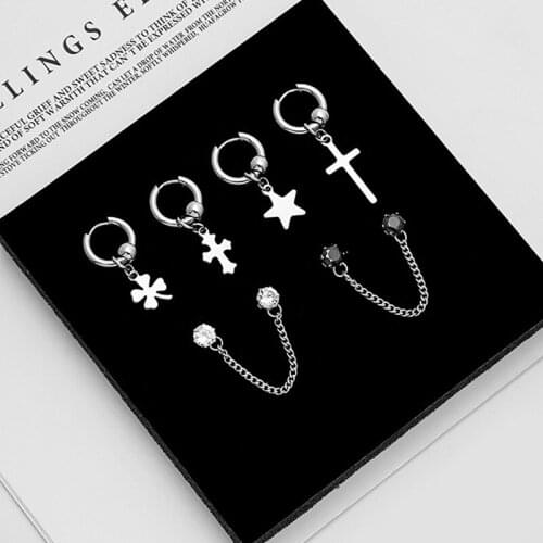 1 piece Cross Pentagram Pendant Earrings Stainless Steel Ear Buckle Chain Stud Earrings Hip Hop Street Pop Earrings