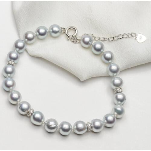 7-7.5mm Silver Genuine Akoya Pearl Bead Bracelet 925 Sterling Silver Adjustable