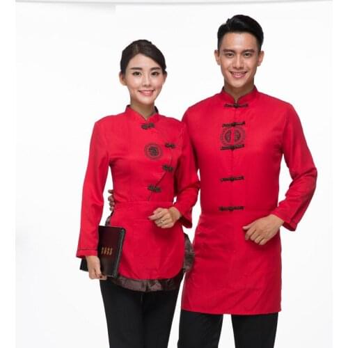 Free Shipping Tea House Long Sleeve Work Uniforms Chinese Traditional Costumes Hotpot Waiter Tang Uniform Shirt+Apron Set Sales