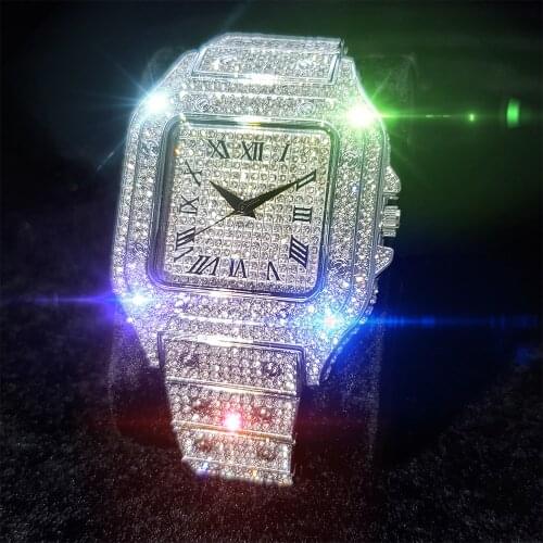 MISSFOX Square Iced Out Man Watch White Gold Lavish Rich Aristocratic Wristwatch Men Business Wedding Party Quartz Male Watches