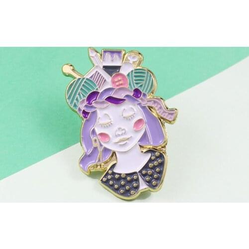 Craft Queen Pretty Purple Hair Girl Enamel Pins Shiny Knitted Wool Decoration Funny Charming Badge Lapel Backpack Jewelry