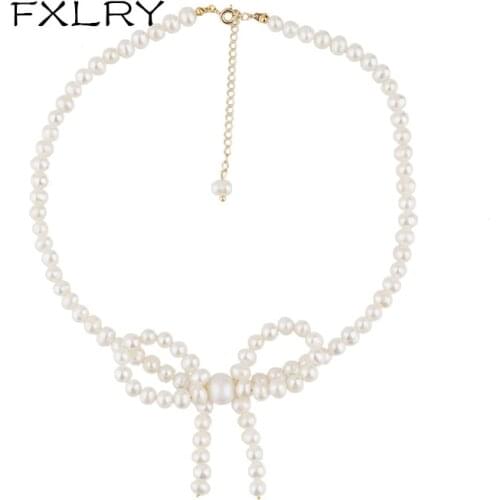 FXLRY Original Handmade Natural Freshwater Pearl Bow Elegant Short Clavicle Chain Necklaces For Women Jewelry