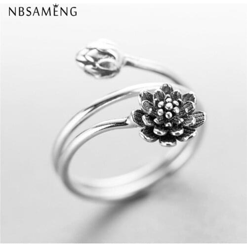 NBsameng 100% 925 Sterling Silver Vintage Winding Lotus Flower Open Rings For Women Orientalism Lady Sterling-silver-jewelry
