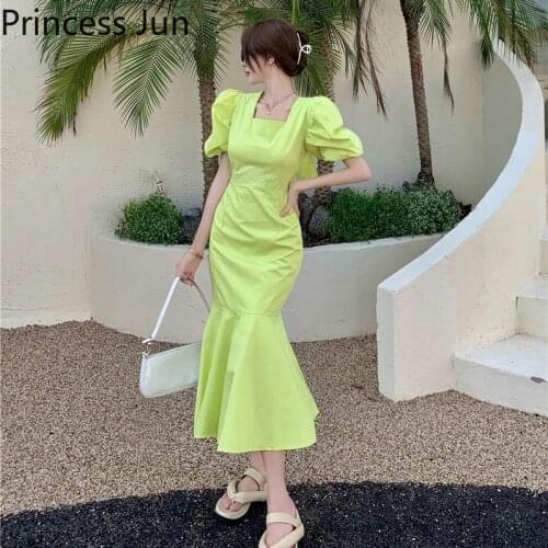 Summer Women French Puff Sleeve Midi Mermaid Dress Green Black Retro Square Collar Slim Waist Dress Fashion Evening Party Dress