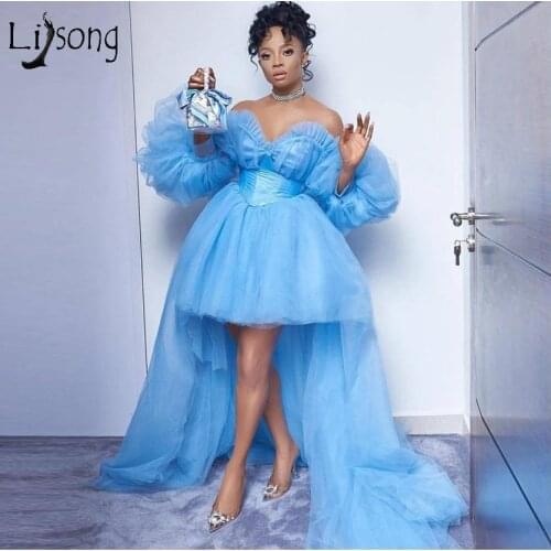 Fashion Sky Blue High Low Tulle Evening Dresses Full Lantern Sleeves Off The Shoulder Long Evening Gowns Wedding Party Dress