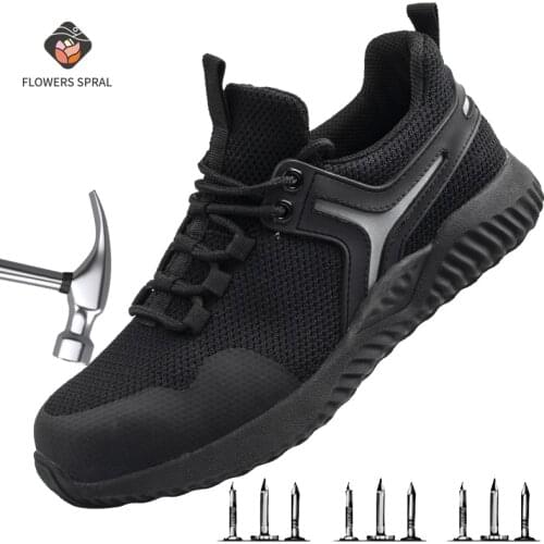 Steel Toe Men Safety Shoes, Fashion Anti-Crush Mens Work Shoes, Black Breathable Comfortable Sports Shoes Safety
