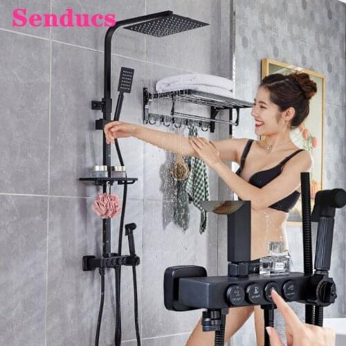 Bathroom Shower Set Matte Black Bathtub Mixer Tap 8 Inch Rainfall Shower Head Quality Brass Thermostatic Bathroom Shower Set