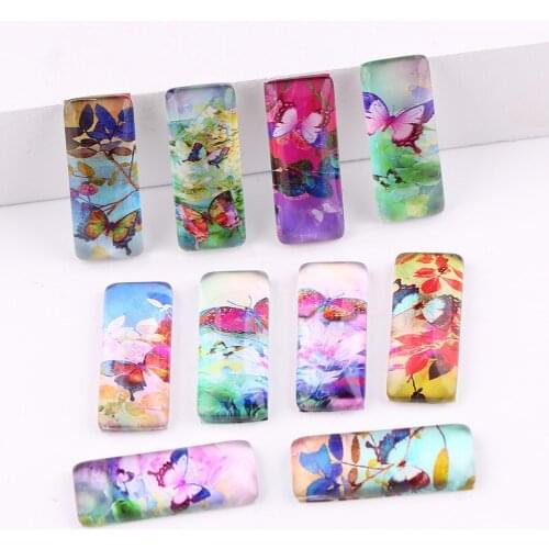 Onwear 20pcs 10x25mm mix butterfly flower photo rectangle glass cabochon diy earrings bracelets making findings