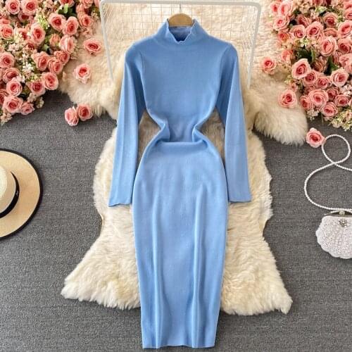 2021 Autumn Winter Chic Solid Color Women Stretchy Trendy Bottom Dress Fashion High Collar Slim Knit Dress