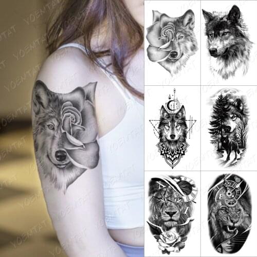 Black Forest Wolf Moon Temporary Tattoo Sticker For Men Women Lion Tiger Fox Waterproof Fake Henna Skull Animal Body Art Tatoo