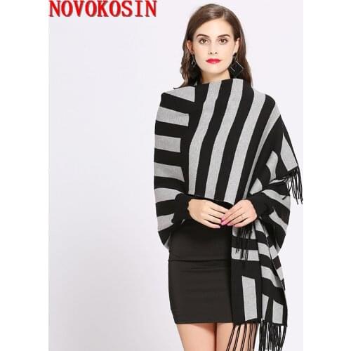 SC223 2018 Oversize Tassel Scarf Winter Knitted Poncho Women Striped Designer Cardigan Female Bat Sleeves Wrap Two Color Shawl