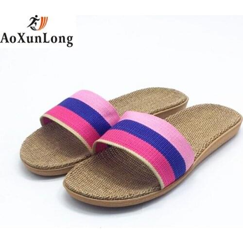 AoXunLong Women summer color matching linen slippers fashion striped Hemp home slippers women indoor non-slip house slippers Hot