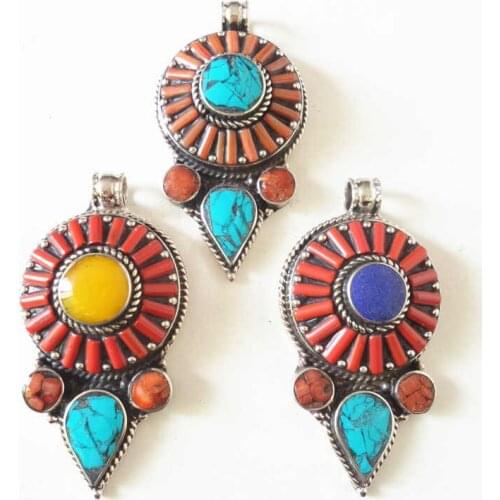 TBP181 Nepal Hand Vintage Big Pendants Copper inlaid Colorful Stone Jewelry Arrow Pendant