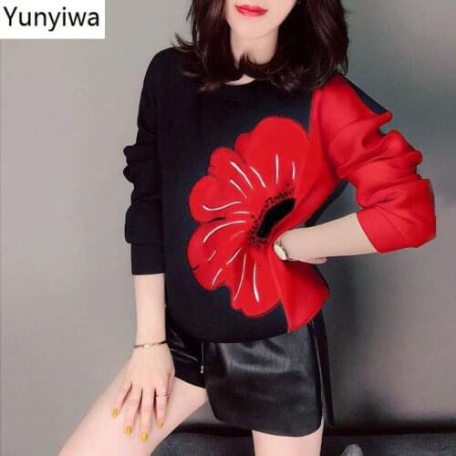 O Neck Thick Warm Hoodies Contrast Color Patchwork Flower Pattern Sweatshirt Autumn Winter Long Sleeve Pullover Top 48143