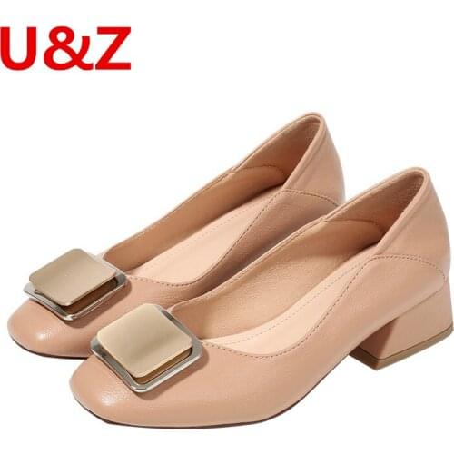 Square toe heels women office shoes,Female All-match shoes 4cm pumps Block low heels square buckle Dark nude/Black comfy shoes