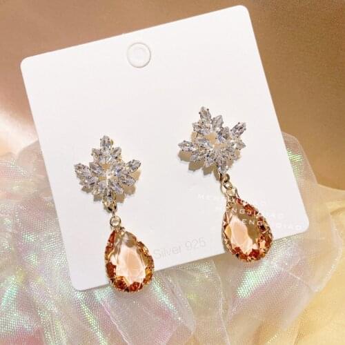 MENGJIQIAO Korean TV Star Champagne Waterdrop CrystalDrop Earrings Women Girls Snowflake Zircon Pendientes Christmas Jewelry