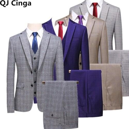 Winter Gray 3 Pieces Sets Men Single Breasted Lapel Flat Slim Fit Casual Tuxedos for Wedding(Blazer+Vest+Pants) Plus Size S-6XL