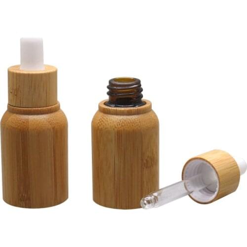 10ml 20pcs Empty Bamboo Essential Oil Dropper Bottle with Glass Inner Container Aromatherapy Refillable Amber Vials with Pipette