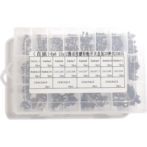 20 values 250pcs 6*6MM 12*12MM Tactile Switch Push Button Reset ON/OFF DIP4 4PIN Assorted DIY Kit +box