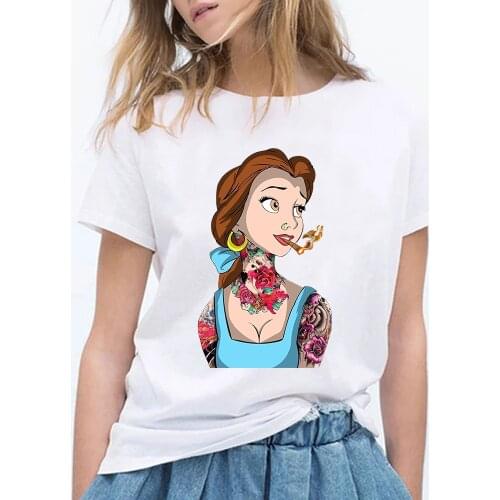 2021 T Shirt Disney Belle Princess Print Women Tops Cartoons Casual Clothes O-neck Short Sleeve Fashion Femme Tees Dropshipping