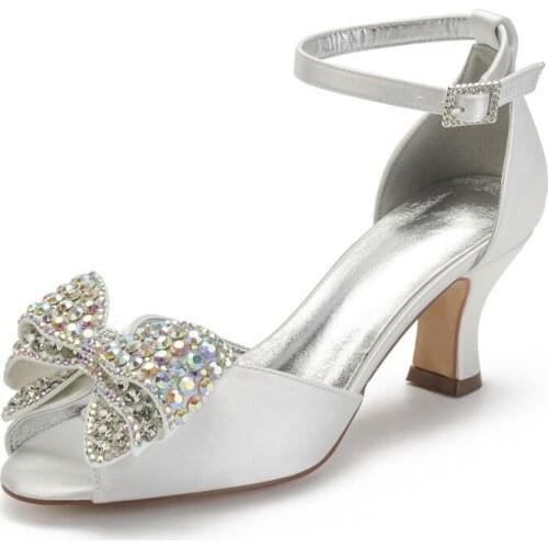 Mid Heels Satin Crystals Wedding Bridal Shoes Women Peep Toe Ankle Buckle Strap Heeled Beaded Wedding Party Dress Sandals
