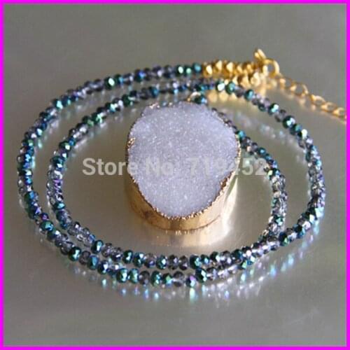 Free ship! 5pcs High Quality Gold color white Druzy Stone Pendant Necklace Nugget Bead Blue Acrylic bead chain necklace