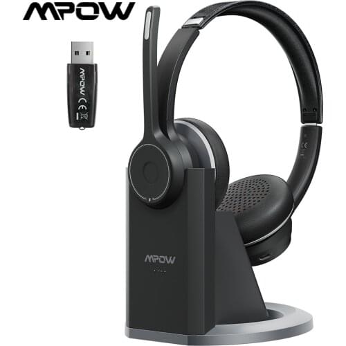 Mpow HC5 Pro Bluetooth 5.0 Headset with Charge Base And Dual CVC8.0 Noise-cancelling Microphone Wireless Office Computer Headset