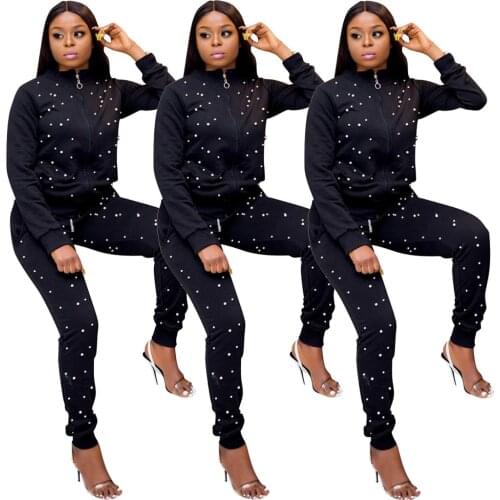 FNOCE Cross-border Foreign Trade Fashion Womens hot Style Beaded Sports And Leisure Street Jacket Two-piece Female Suit